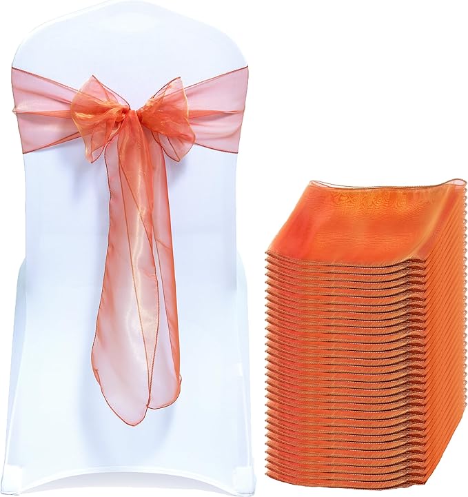 MDS® Pack of 100 Organza Chair Sashes for Wedding Decoration, Reusable Sheer Chair Bows for Banquet Chair Cover, Reception, Bridal Shower, Baby Shower, Birthday Party & Special Events - Brunt Orange