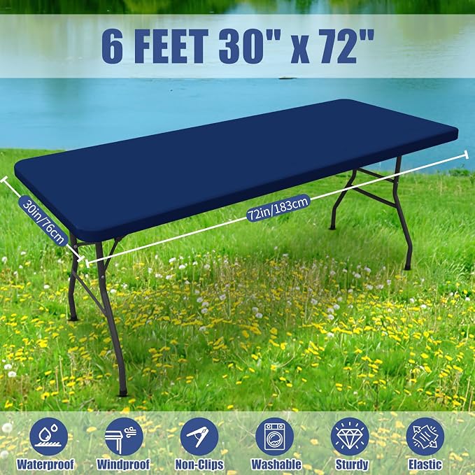 Moosfor Spandex 6 Foot Rectangle Table Cloth 6 Pack, Elastic Fitted Tablecloths for Picnic, Stretch Washable Patio Table Cover for Outdoor, Camping, Banquet and Parties (Navy, 30"x72")