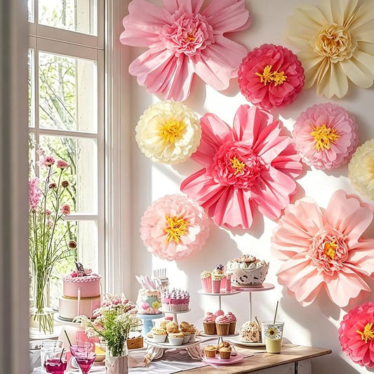 Crowye 12 Pcs Large Colorful Tissue Paper Flowers Decorations Giant Fiesta Craft Crepe Paper Flowers for Wall Decor Backdrop Mexican Wedding Birthday Carnival Party (10'' 20'',Pink Color)
