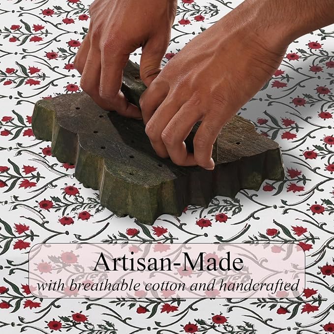 Ridhi Ruby Red Hand Block Print Cotton Rectangle Tablecloth 108" x 70" inches Reusable Table Cover Decorative Everyday Use for Dining Room, Farmhouse, Home Gift for Spring, Mother's Day