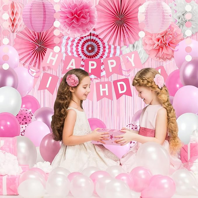 Pink Birthday Party Decorations, 66PCS Light Pink Happy Birthday Decor for Women&Girls with Banner, Balloons, Paper Fans, Flowers, Lanterns and garland etc. for Any Occasions