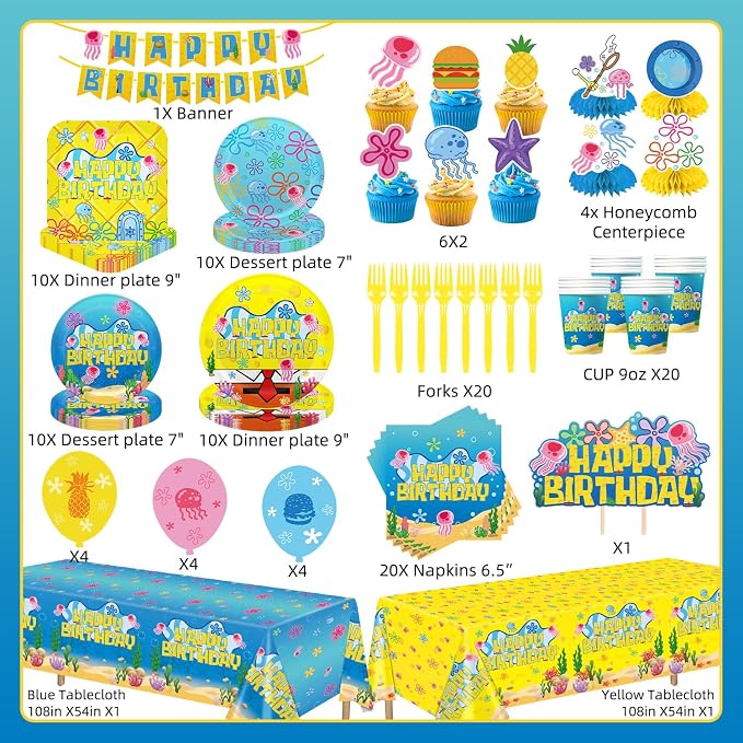 Ocean Themed Birthday Party Decorations 132pcs Under the Sea Birthday Supplies Include Banner Plates Napkins Cups Forks Tablecloths Balloons Cake Toppers and Honeycomb Centerpieces for Party Decor