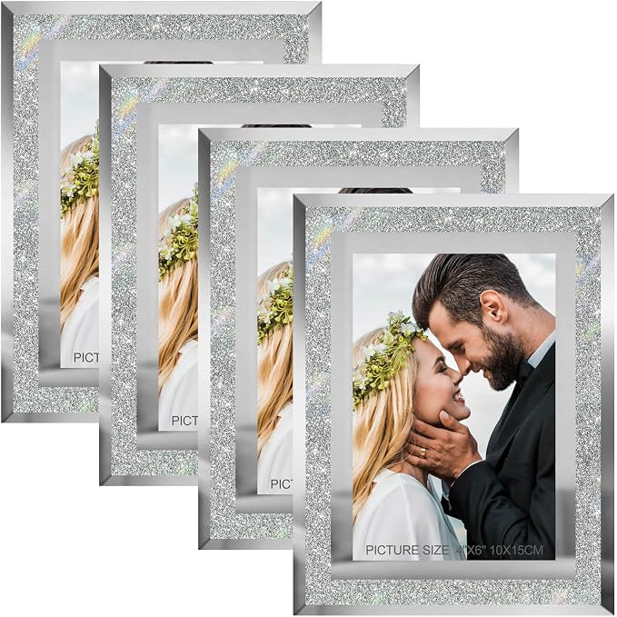 HIKWADERY 4x6 Picture Frames Silver - Set of 4, Sparkle Real Glass 4 by 6 Photo Frame Mirrored Edge Great Gift, for Tabletop Display, Wedding Birthday Mothers Day Gifts (4 x 6, Glitter Silver)