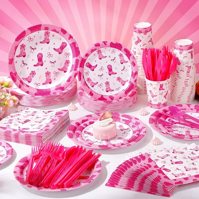 Pickmesh 400 Pcs Western Pink Cowgirl Party Plates and Napkin Decoration Disco Pink Coquette Bow Cowgirl Paper Tableware Cups Knives for Western Wedding Birthday Bachelorette Party Supplies Serve 50