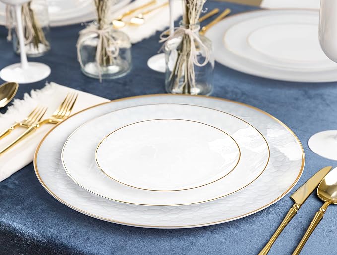 PLASTICPRO 64 Piece Combo Plate Set includes 32-7'' inch Plates & 32-10'' inch Plates White transparent Hammered Plastic PartyPlate Premium heavyweight Elegant, Disposable, Tableware, Dishes,