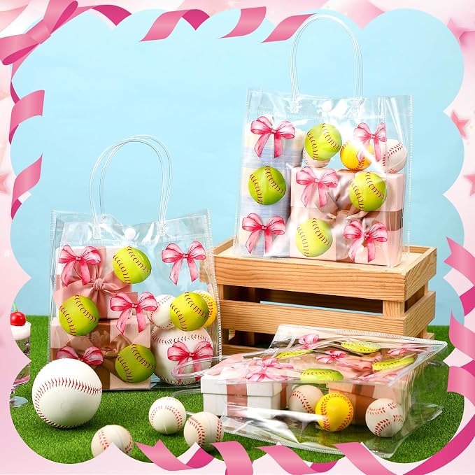 Teenyyou 24 Pcs Softball Clear Gift Bag with Handles Plastic Soft Ball Goodie Sport Theme Party Favor Team Treat Bag with Pink Bow for Birthday Team Snack, 8 x 8 x 3.15 Inches