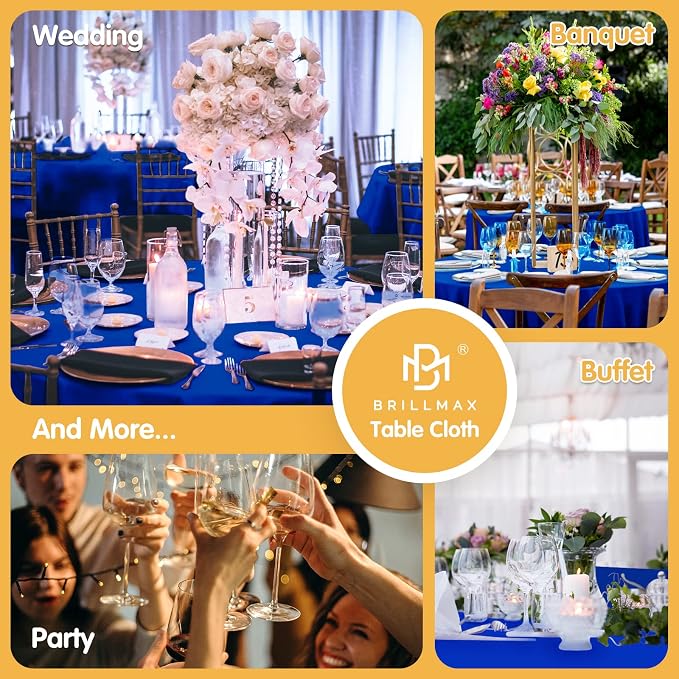 BRILLMAX 10 Pack Royal Blue Round Tablecloths 90 Inch for 60” Tables - 150 GSM Polyester Fabric, 15" Standard Drop, Water, Stain & Wrinkle Resistant Cloth Cover for Wedding Reception Banquet Dining