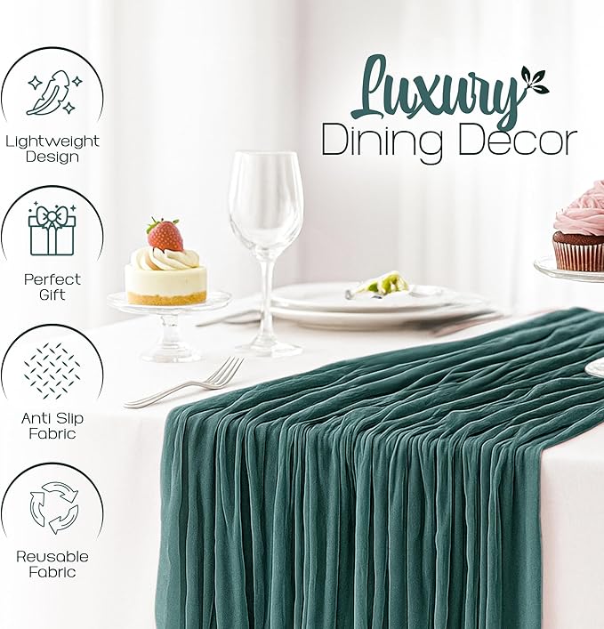12 Pack Emerald Green Cheesecloth Table Runners 10FT Long – 35 x 120 Inch Boho Gauze Table Runners for Engagement, Wedding, Baby Shower & Home Decor – Soft Wrinkled Polyester Fabric
