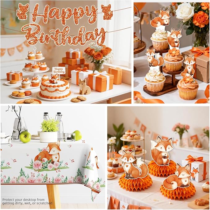 Xynic 205pcs Fox Birthday Decorations Serves 25 - Fox Party Supplies for Kids Birthday, Woodland Birthday Kit with Balloons, Banner, Tableware, Cake Topper, Forest Animal Themed Celebration