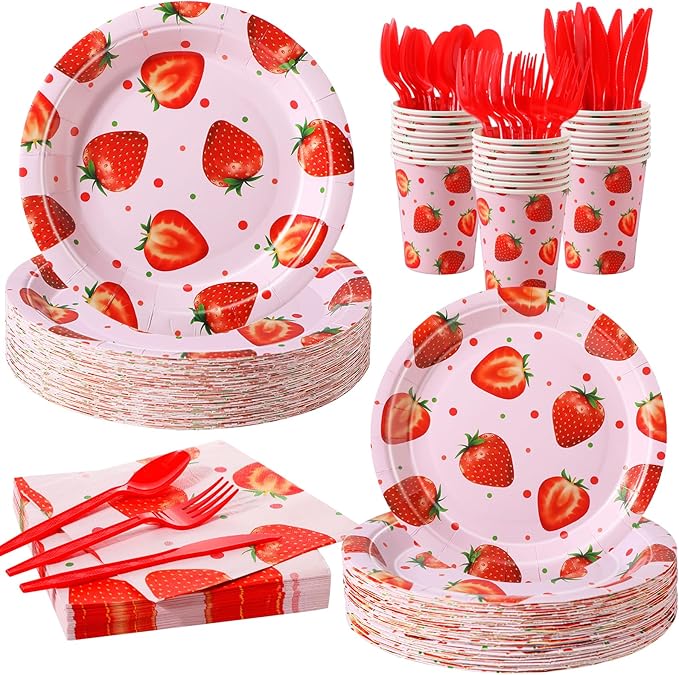 Ziliny 350 Pcs Strawberry Party Supplies Tableware Set Disposable 9'' 7'' Paper Plates 9 oz Cups Cutlery Napkins Dinnerware Set for 1st Berry First Birthday, Serve 50 (Strawberry, Red, Pink)