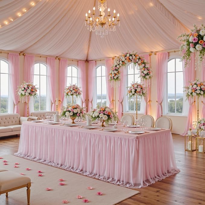familus Pink Table Cloths 8 Foot Rectangle 2 Pack Stretch Ruffle Tulle Tablecloth Spandex Fitted Table Cover for 8 Foot Tulle Table Skirts for Party Wedding Table Cloths, Banquets