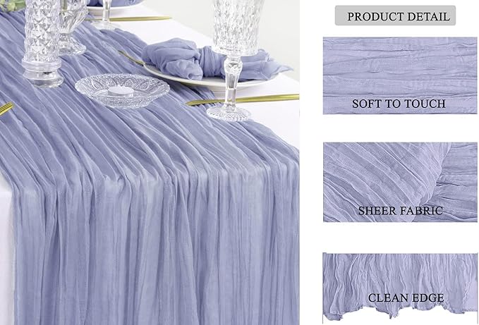 MDS Pack of 12 Cheesecloth Table Runner 35x170 Inch, 14FT Long Gauze Cheese Cloth Table Runner for Wedding Party Birthday Bridal Shower Farmhouse Garden Boho Rustic Table Decoration - Dusty Blue