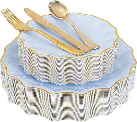 U-QE 150PCS Blue and Gold Plastic Plates with Gold Disposable Silverware for 30 Guests, Vintage Blue Plastic Plates Include 30 Dinner Plate,30 Dessert Plate,90 Cutlery for Bridal Shower, Party
