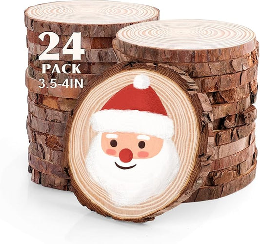 24 Pcs Unfinished Natural Wood Slices for Crafts.3.5-4 Inch Wood Rounds for Craft Supplies. Wood Circles with Tree Bark for Christmas Ornaments,DIY Gifts,Wood Coasters.Painting.