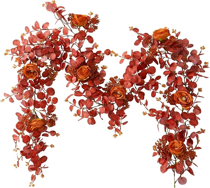 PARTY JOY 6.56ft Fall Decor Orange Eucalyptus Garland with Flowers 8 Orange Roses, Fall Garland Artificial Fake Flowers Floral Vines for Autumn Decor Fall Decorations for Home Indoor Outdoor