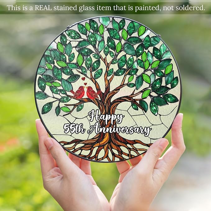 55th Wedding Anniversary Stained Glass Suncatcher, 6x6' Anniversary Decorations, 55th Celebration Marriage Gifts for Parents, Couple, Wife & Husband, 55 Wedding Milestone Keepsake