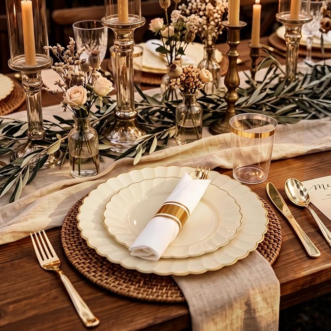 YOUBET 350PCS Ivory Scalloped Plastic Plates - Ivory and Gold Disposable Dinnerware Set Include 100 Plates, 150 Gold Silverware, 50 Cups, 50 Napkins for Wedding & Party