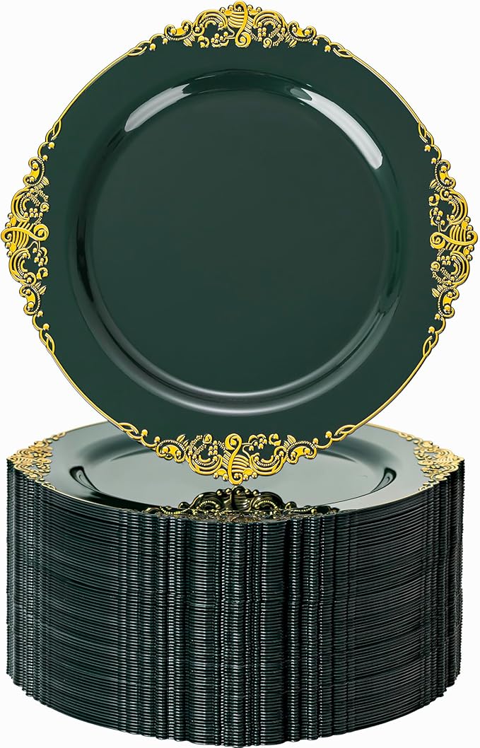 Nervure 100Pcs Green and Gold Plastic Plates - 7.5inch Green Disposable Plates - Heavyweight Gold Plastic Plate - Dessert Plate for Wedding & Party