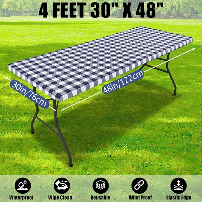 Smiry Picnic Table Cloth 6 Pack, Waterproof Elastic Fitted Tablecloths for 4FT Rectangle Tables, Washable Polyester Buffalo Plaid Tablecloth for Camping, Dining & Outdoor (Navy & White, 30" x 48")