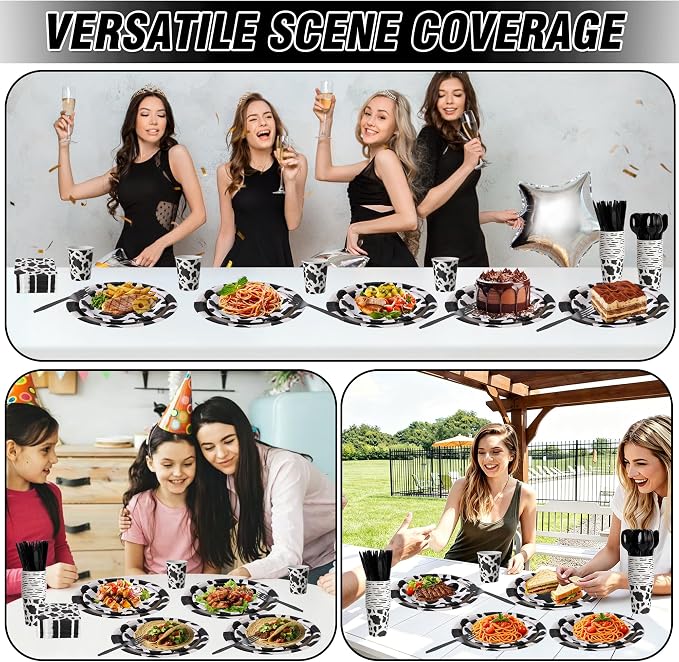 400 Pcs Disposable Black Cow Print Tableware Set for 50 Guests | Heavy-Duty 7" & 9" Paper Plates, Cups, 13" Napkins & Plastic Cutlery for Cow Birthday, Farm and Western Party Supplies