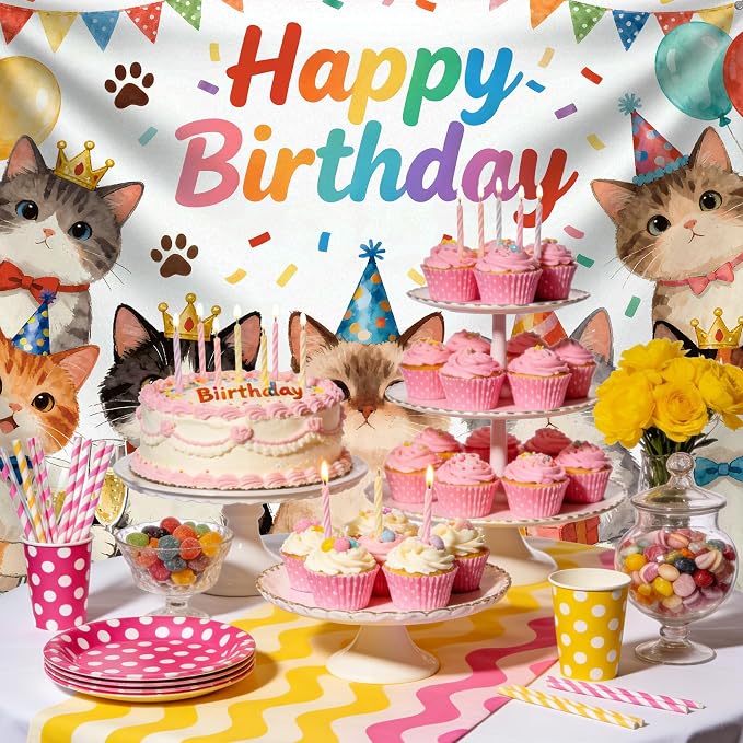 7x5 Ft Happy Birthday Backdrop Cat Birthday Party Decorations Kitten Birthday Photo Backdrop Photography Background Pet Paw Birthday Party Supplies