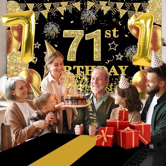 71st Birthday Decorations Men Women With 71st Birthday Banner, Black And Gold Table Cloth, Number Balloons, Sash, Cake Topper And Candles