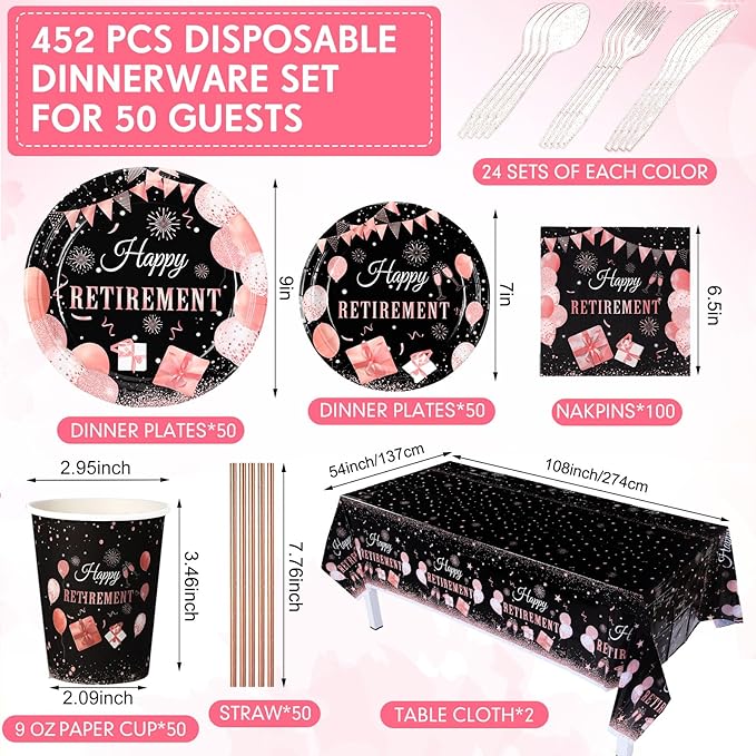 Funnymoom 452 Pcs Retirement Party Decorations Supplies Set Include Rose Gold Retirement Paper Plates Napkins Cups Tablecloth Cutlery Straws for Men Women Say Goodbye Party