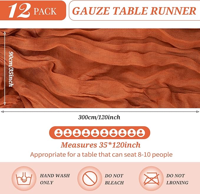 12 Pack Cheesecloth Table Runner 35 x 120 inch Long Boho Cheese Cloth Gauze Table Runners Semi Sheer Table Runner for Wedding Decor, Bridal Shower, Birthday Party (Terracotta)