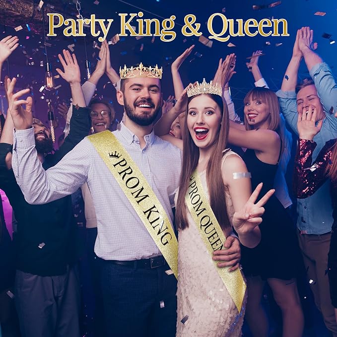 Saintrygo 12 Pcs Prom Crown and Sash Set, Prom King and Queen Tiara Rhinestone Crown Glitter Court Royal Satin Sash for 2026 Graduation Ball Dance Night Party Birthday Accessory(Gold,Classic)