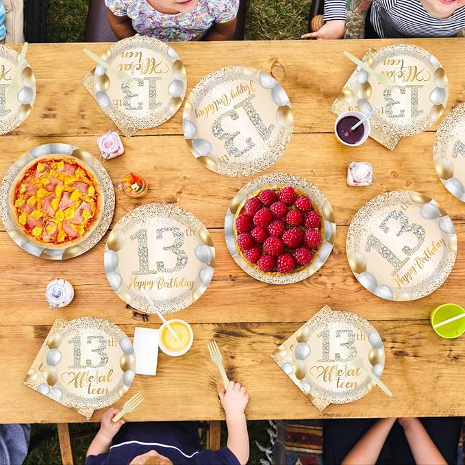 96Pcs Happy 13th Birthday Decorations Official 13 Teen Plates and Napkins Tableware Set White and Gold Glitter Thirteen Birthday Decorations for Girls 13 Years Old Birthdays Party Supplies Serves 24
