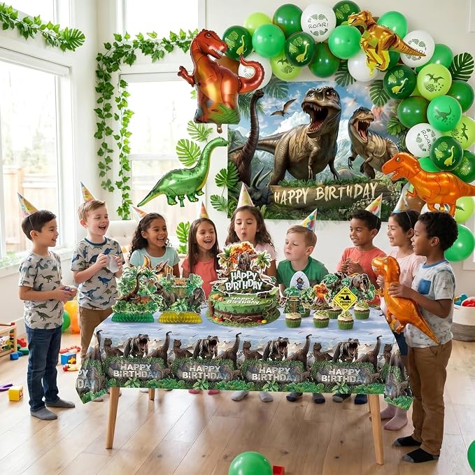 Dinosaur Birthday Decorations Dino Wrold Party Decorations Set Included Dino Balloons, Tablecloth, Backdrop, Cake Cupcake Toppers, Banner, Honeycomb Dinosaur Party Supplies for Kids Birthday Decor