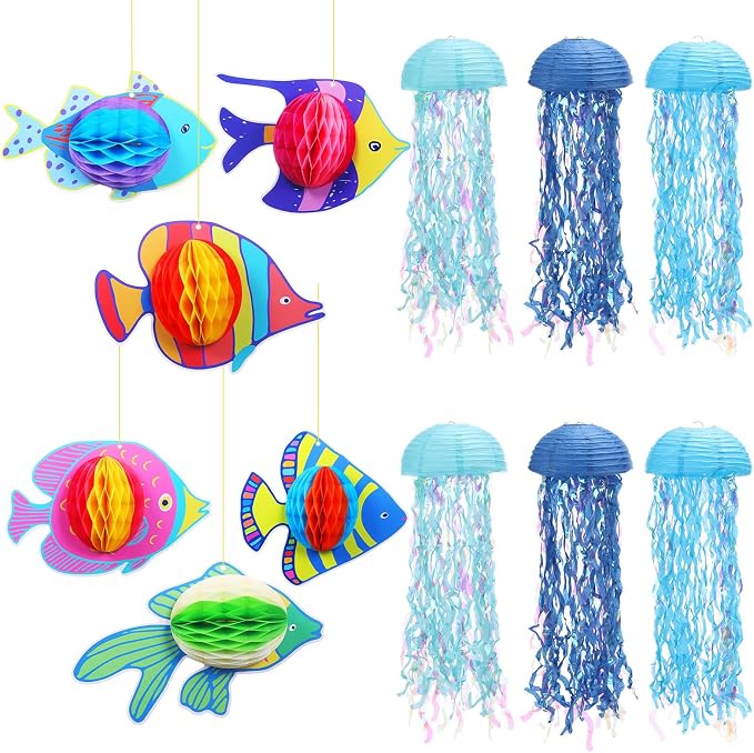 Ceenna 18 Pcs Under the Sea Decorations Kit with 6 Hanging Jellyfish and 12 Tropical Fish, for Mermaid Birthday Party, Ocean Shower, Nautical Wedding, and Beach Classroom Decor(6 Types of Fish)