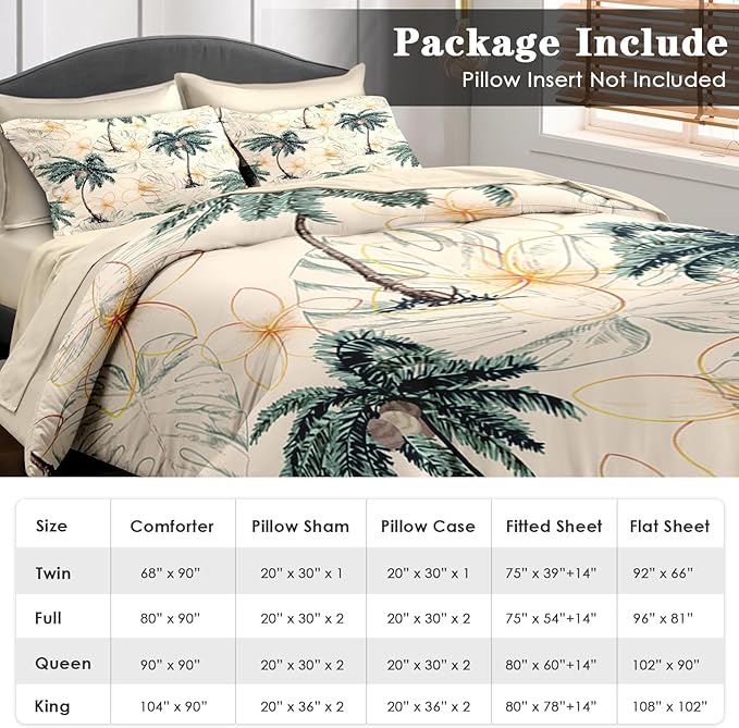 Pamnest Comforter Set King Size, Tropical Botanical Palm Summer 7 Pcs Bedding for Kids and Adults, Hawaiian Coconut Tree Bed Sheet Sets with Fitted Sheet 2 Pillowcase & 2 Sham for Bedroom Bed Decor