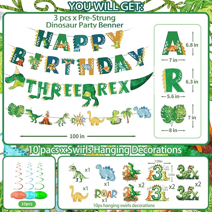 Three Rex Bday Decorations for Boys Dinosaur 3rd Bday Party Supplies Pre-strung Banners T-rex 3 Rex Dino Tableware Honeycomb Centerpieces Talbelcoth Hanging Swirls Cupcake Topper Balloons Serve 25