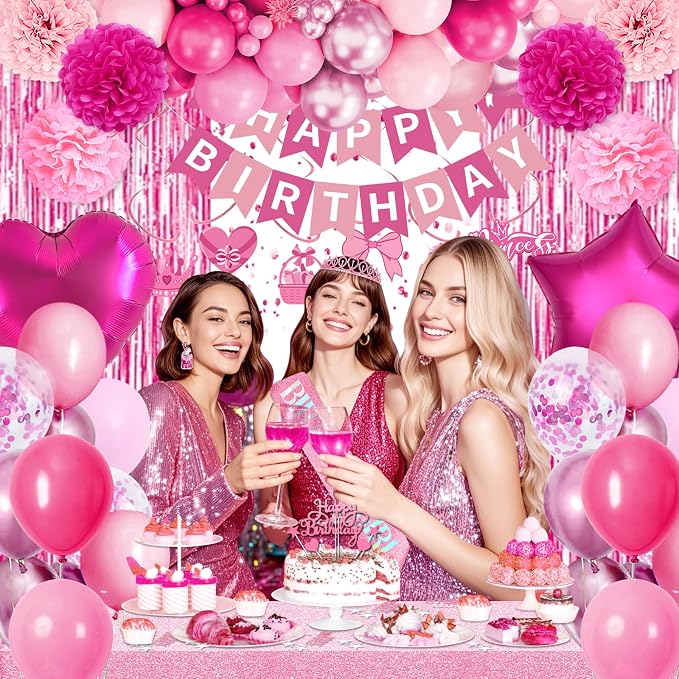 Hot Pink Birthday Decorations, Pink Party Decorations with Balloons Happy Birthday Banner Bday Sash Crown Tablecloth Fringe Curtain Hanging Swirl Heart Star Foil Balloons for Women Girls Bday Decor