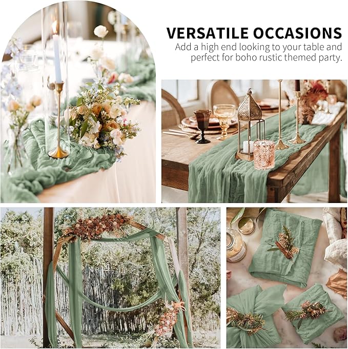 6 Pack Sage Green Table Runner, Cheesecloth Table Runner Long Romantic Semi Sheer Rustic Boho Gauze Table Runners for Wedding Bridal Shower Birthday Party Decorations(17.7×108 Inch)