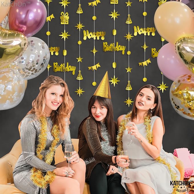 KatchOn, Gold Happy Birthday Garland Banner - 6.5 Feet, Pack of 8 No DIY | Gold Garland Birthday Decorations | Happy Bday Backdrop | Bday Decorations for Women