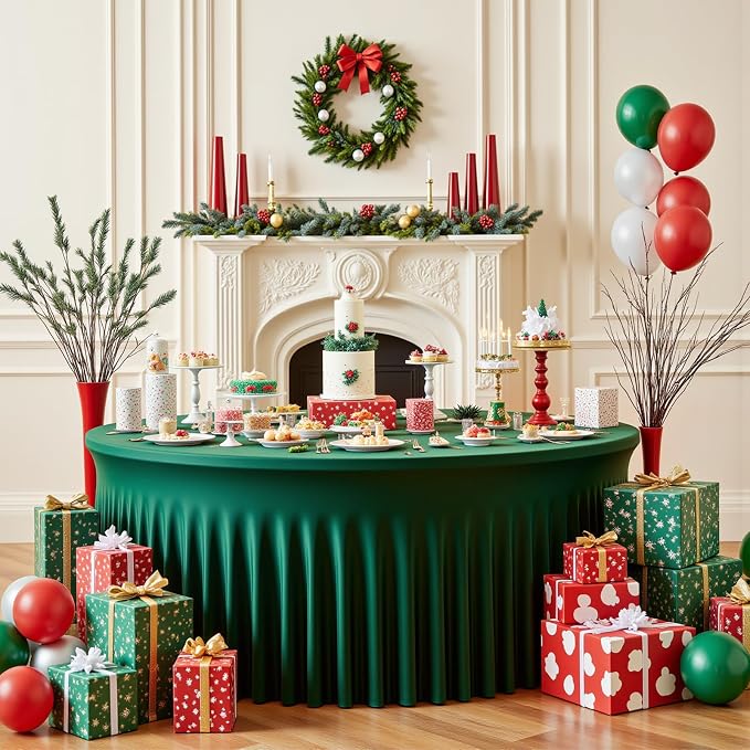 72 Inch Dark Green Round Tablecloth,Washable Stretchy Fitted Circular Table Cover with Elastic Edge for 6FT Round Table, Reusable Tablecloth for Wedding Banquet Party Birthday Buffet Dining