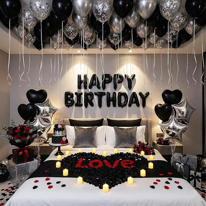 Romantic Birthday Decorations for Men with Black Silver Balloons, Happy Birthday Banner, Tea Lights and Rose Petals, Birthday Decorations for Boyfriend Husband Anniversary Surprise Room Decor (73PCS)