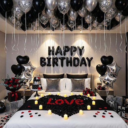Romantic Birthday Decorations for Men with Black Silver Balloons, Happy Birthday Banner, Tea Lights and Rose Petals, Birthday Decorations for Boyfriend Husband Anniversary Surprise Room Decor (73PCS)