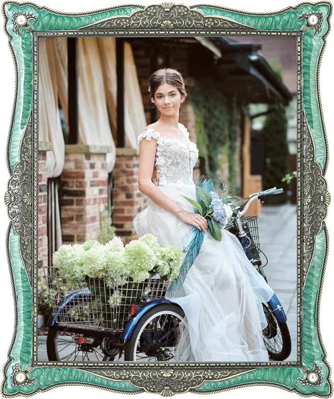 8x10 Vintage Green Enamel Metal Picture Frame Unique Ornate Gemstone Photo Frames with Glass Front, Tabletop Art Decoration, Creative Gifts for Women, Horizontally & Vertically