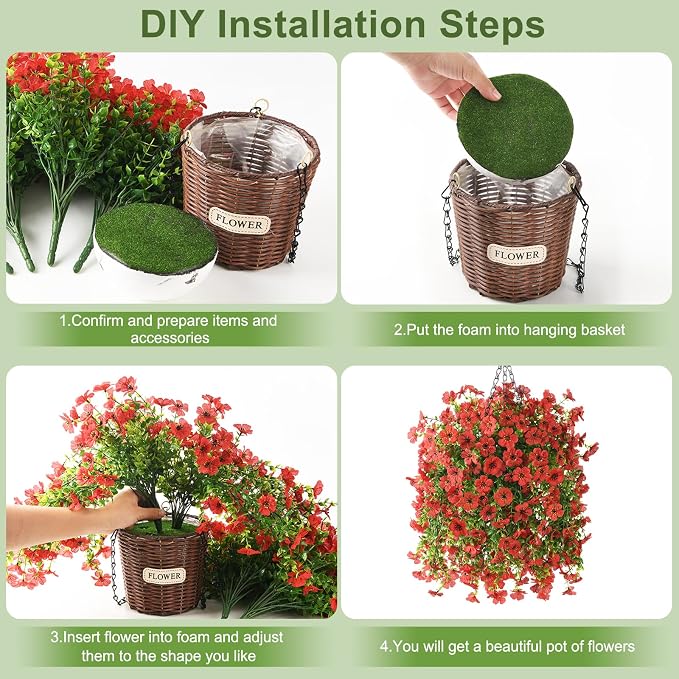 Artificial Flowers Hanging Baskets, 4 Bundles Outdoor Hanging Basket Spring Summer Decoration, No Fade Realistic Fake Flowers Plants for Porch Patio Balcony Home Yard Decor(Red)