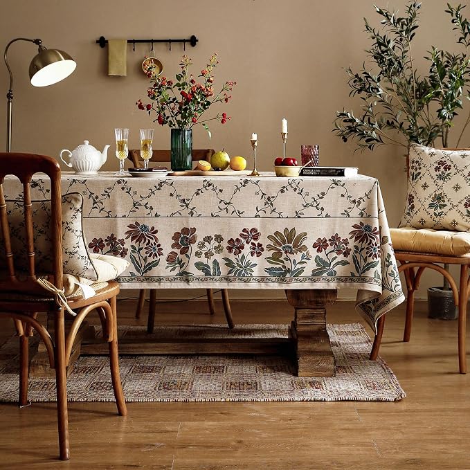 patdrea Vintage French Linen Tablecloth,Rectangular,110"x63"-Oliveirad | Heavyweight Elegant Table Cloth for Rectangle Table,Dark Floral & Vine Printfor Dining Room Tea Party Thanksgiving