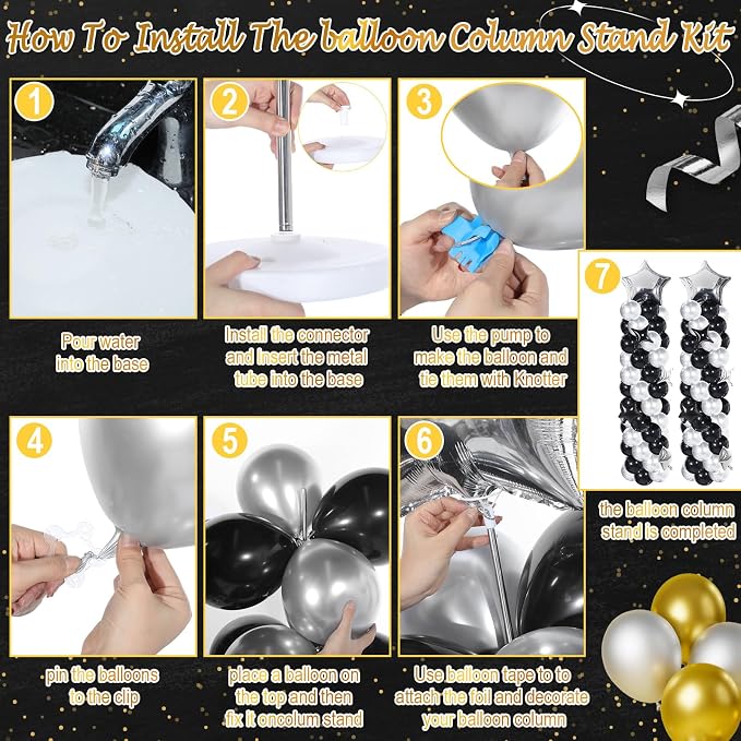Gejoy 110 Pcs Black Silver Balloons Column Stand Kit Adjustable Tower Stand from 1.4 to 6.6 ft with Bases for Back to School Wedding Birthday Baby Shower Party