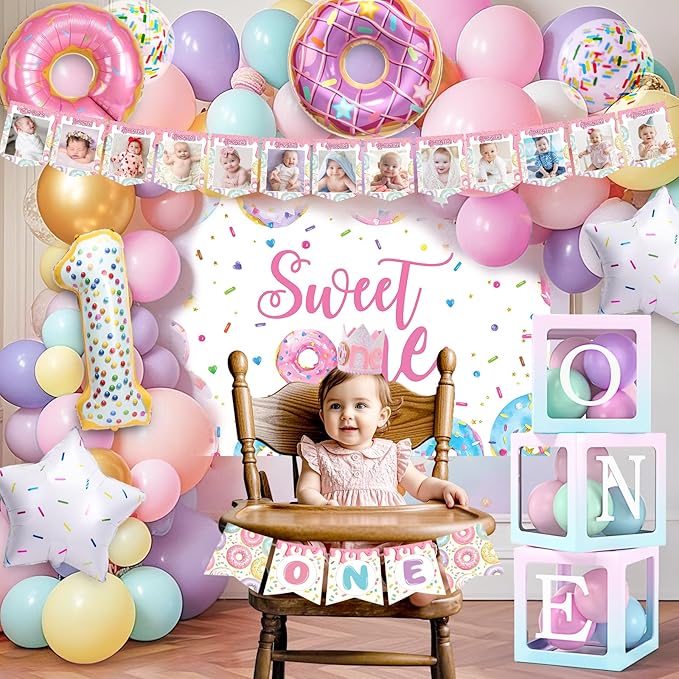 SNLN Sweet One Birthday Party Decorations, First Birthday Decorations for Girl, Balloon Box Photo Banner Donut Foil Balloon Arch Backdrop Highchair Banner Crown, One Year Old 1st Party Supplies