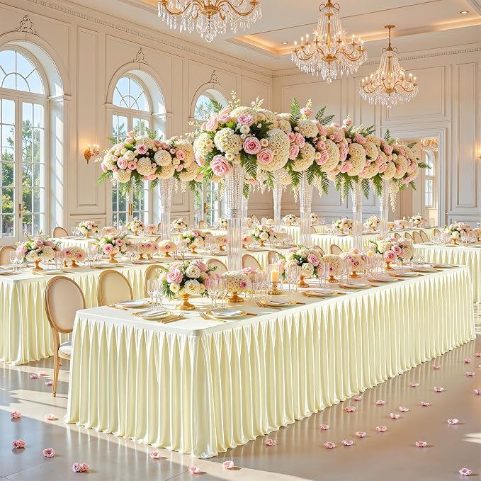 Champagne Satin Tablecloths Rectangle 8FT, Glitter Fitted Stretch Table Covers Wrinkle-Free Floor Length Shimmer Table Skirt for Weddings Parties Baby Shower Banquets Vendor Events