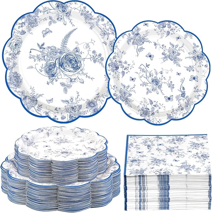 200Pcs Blue and White Floral Party Supplies Blue Floral Paper Plates and Napkins Disposable Vintage Flower Scalloped Tableware Set for Something Bridal Shower Decoration Wedding Tea Party Serve50