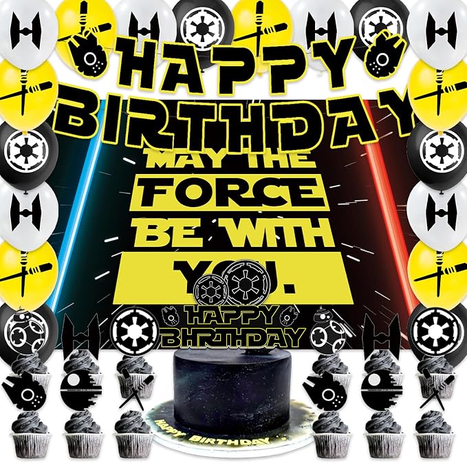 42pcs May The Force Be With You Party Supplies Galaxy Party Decorations Include Balloons,Banner,Cake Topper,Backdrop for Boys Space Theme Birthday party Decorations