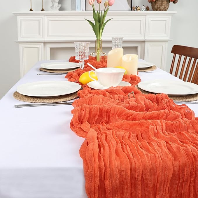 16 Pack Table Runner Orange Cheesecloth 10ft Boho Gauze Fabric 120 Inch Cheese Cloth Table Runner Rustic Sheer for Holiday Baby Shower Party Décor Home Wedding Decoration