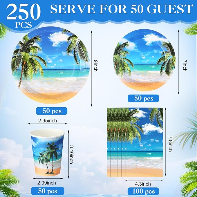Funnymoom 250 Pcs Tropical Beach Party Decoration Summer Paper Plates Napkins and Cups Hawaiian Tableware Set for Birthday Pool Summer Baby Shower Beach Themed Party Supplies, Serves 50